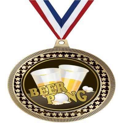 2.75" Beer Pong Medal Awards, Gold Vega Beer Pong Team Trophy Awards Includes Free Neck Ribbon 50 Pack