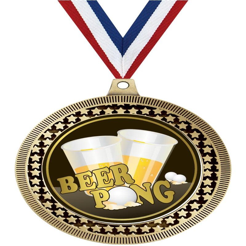 2.75" Beer Pong Medal Awards, Gold Vega Beer Pong Team Trophy Awards Includes Free Neck Ribbon 50 Pack