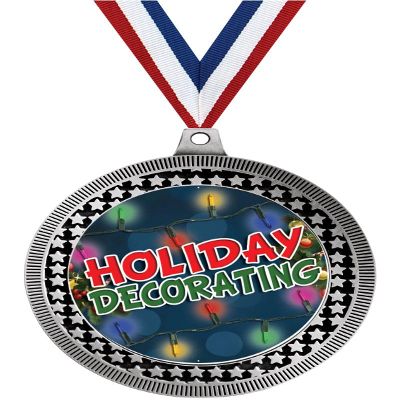 2.75" Holiday Decorating Medal Awards, Silver Vega Holiday Decorating Team Trophy Awards Includes Free Neck Ribbon 100 Pack