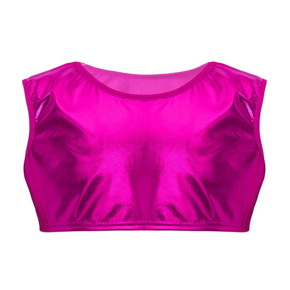 Aislor Kids Big Girls Shiny Metallic Crop Tank Tops Racer Back Dance Athletic Sports Bra z07Hot Pink* 8-10 Years