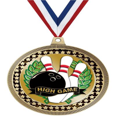 2.75" Bowling High Game Medal Awards, Gold Vega Bowling High Game Team Trophy Awards Includes Free Neck Ribbon 50 Pack