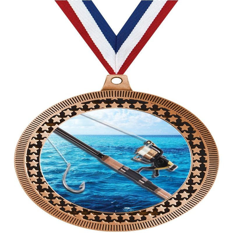 2.75" Fishing Rod Medal Awards, Bronze Vega Fishing Rod Team Trophy Awards Includes Free Neck Ribbon 20 Pack