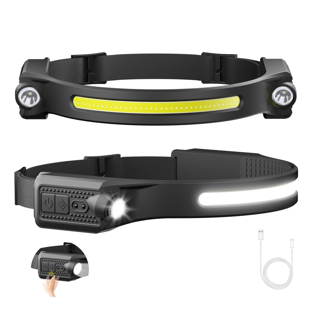 AlpsWolf LED Headlamp Rechargeable, 2 XPE LED and COB LED Head Lamp, Motion Sensor, 260 Wide Beam, IPX4 Waterproof, Rechargeable Headlight for Camping Accessories (2 Pack)
