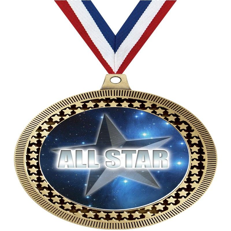 2.75" All Star Medal Awards, Gold Vega All Star Team Trophy Awards Includes Free Neck Ribbon 20 Pack