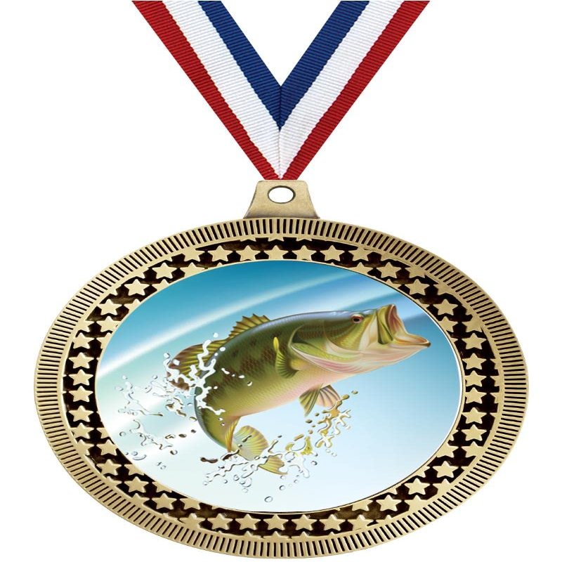 2.75" Fishing Largemouth Bass Medal Awards, Gold Vega Fishing Largemouth Bass Team Trophy Awards Includes Free Neck Ribbon 50 Pack