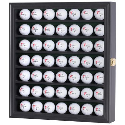 DisplayGifts 49 Golf Ball Display Cabinet Stand Storage Wall Mounted 7 Shelves Display Case Shadow Box with Lockable Door, Great Gift (49 Ball Holder, Black Finish)