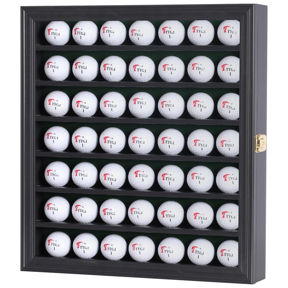DisplayGifts 49 Golf Ball Display Cabinet Stand Storage Wall Mounted 7 Shelves Display Case Shadow Box with Lockable Door, Great Gift (49 Ball Holder, Black Finish)