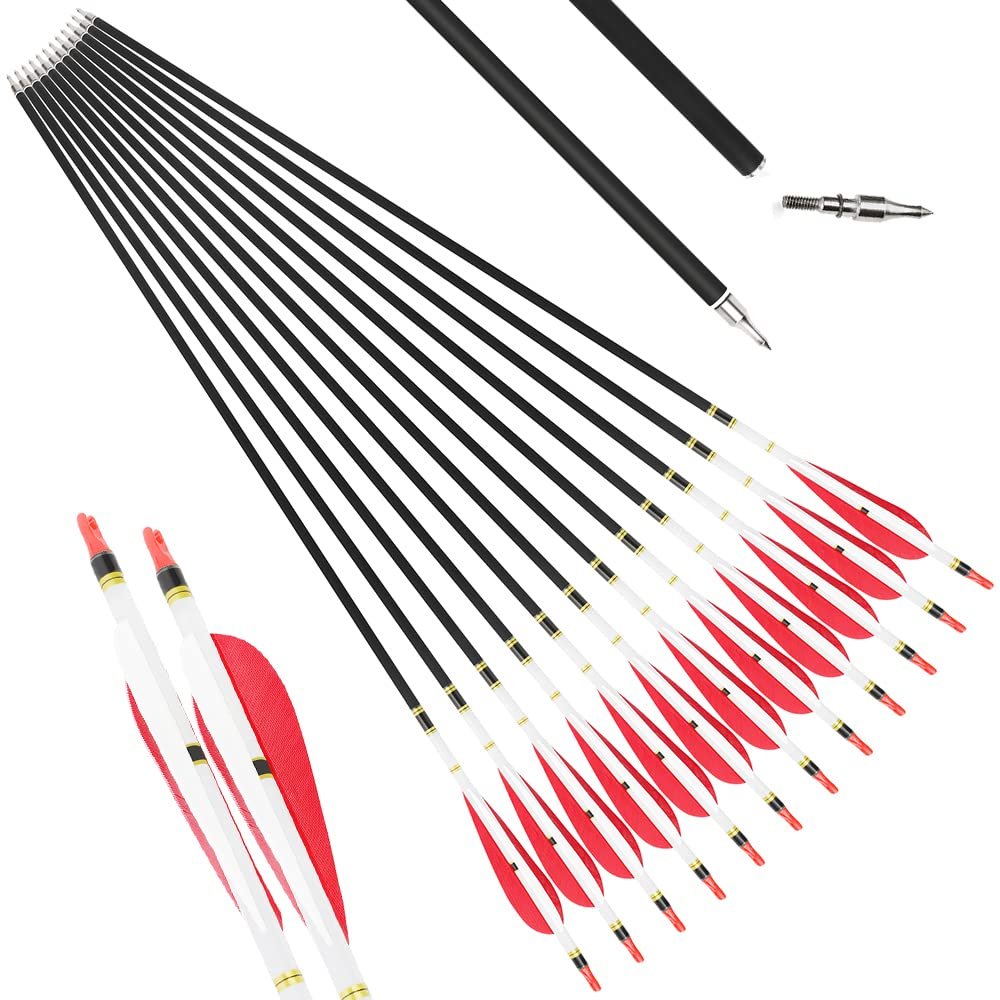 HNZMDY 30 inch Archery Carbon Arrows 500 Spine Hunting Arrows with 4" 5" Turkey Feather Fletching 100 Grain Points for Recurve Compound Bow Target Practice (4 inch Arrow Feather, 12 pcs Arrow)