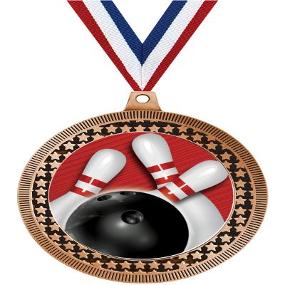 2.75" Bowling Red Stripes Medal Awards, Bronze Vega Bowling Red Stripes Team Trophy Awards Includes Free Neck Ribbon 50 Pack