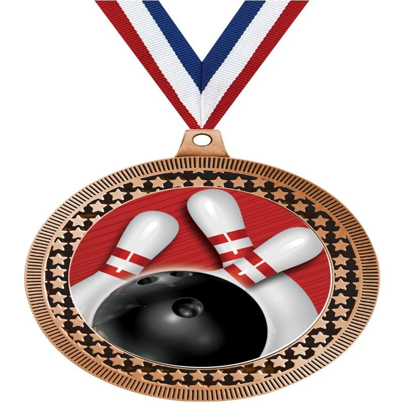 2.75" Bowling Red Stripes Medal Awards, Bronze Vega Bowling Red Stripes Team Trophy Awards Includes Free Neck Ribbon 50 Pack