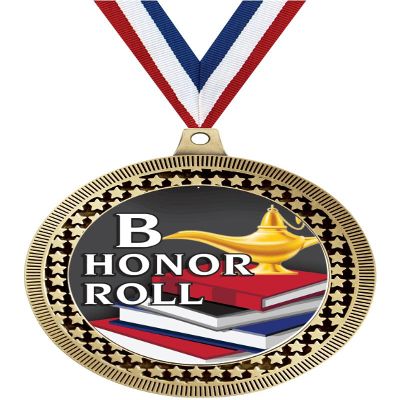 2.75" B Honor Roll Medal Awards, Gold Vega B Honor Roll Team Trophy Awards Includes Free Neck Ribbon 20 Pack
