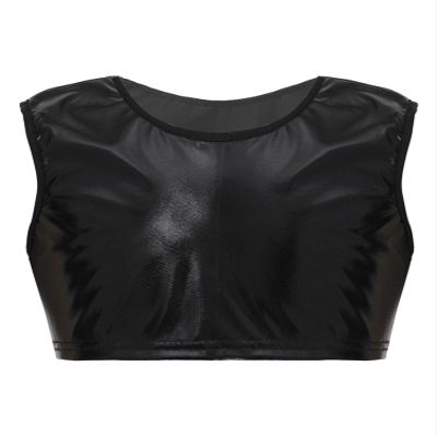 Aislor Kids Big Girls Shiny Metallic Crop Tank Tops Racer Back Dance Athletic Sports Bra z07Black* 15-16 Years