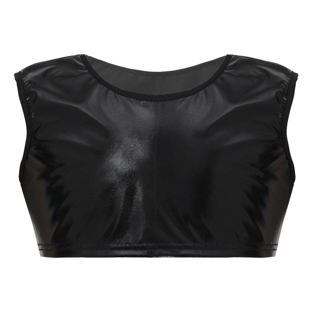Aislor Kids Big Girls Shiny Metallic Crop Tank Tops Racer Back Dance Athletic Sports Bra z07Black* 15-16 Years