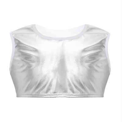 Aislor Kids Big Girls Shiny Metallic Crop Tank Tops Racer Back Dance Athletic Sports Bra z07Silver* 12-14 Years