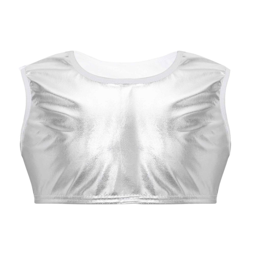 Aislor Kids Big Girls Shiny Metallic Crop Tank Tops Racer Back Dance Athletic Sports Bra z07Silver* 12-14 Years