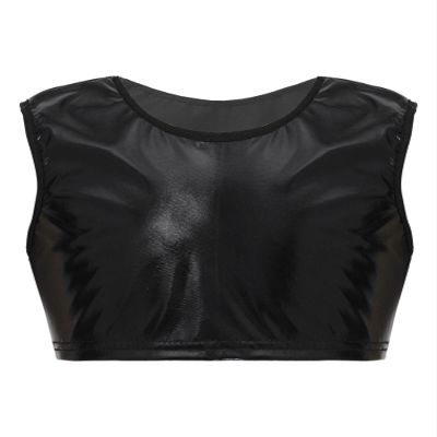 easyforever Girls Shiny Metallic Gymnastics Crop Tops Dancewear Kids Ballet Dance Leotards Tank Tops Bra Activewear Xx*Black 15-16 Years