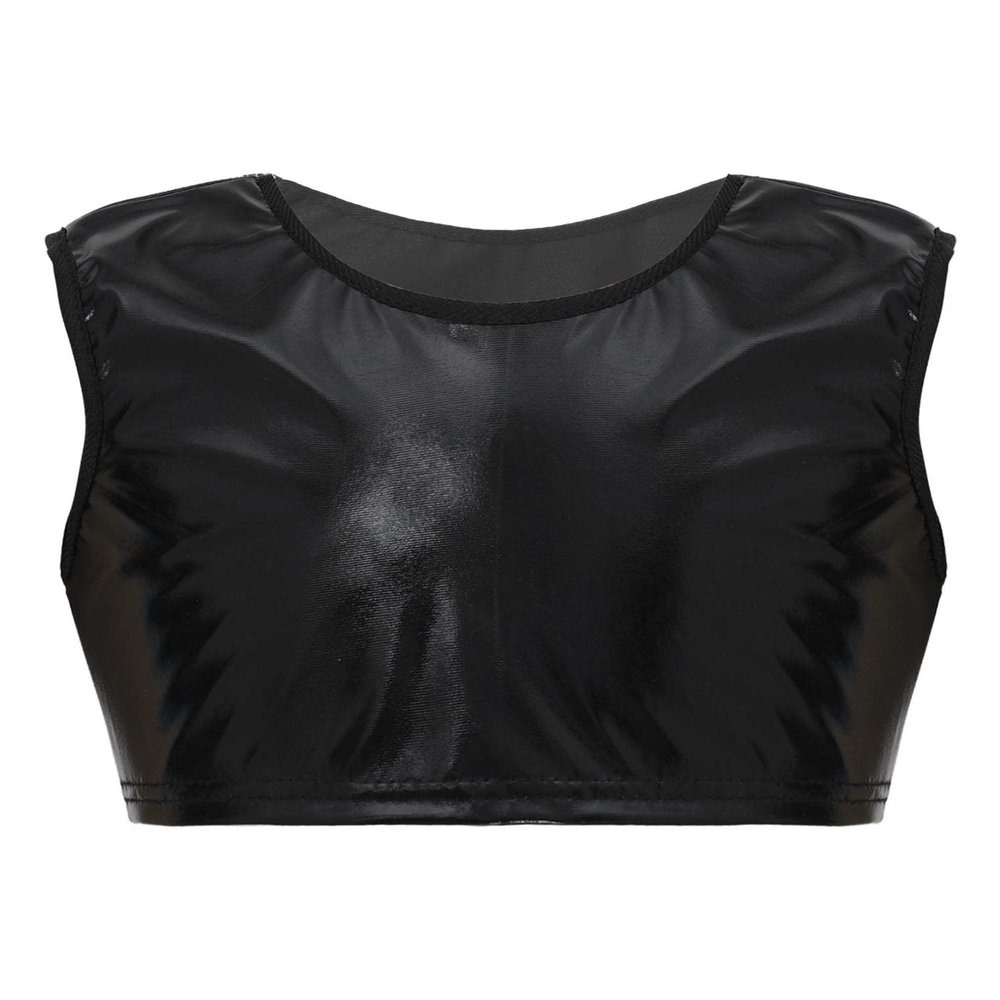 easyforever Girls Shiny Metallic Gymnastics Crop Tops Dancewear Kids Ballet Dance Leotards Tank Tops Bra Activewear Xx*Black 15-16 Years