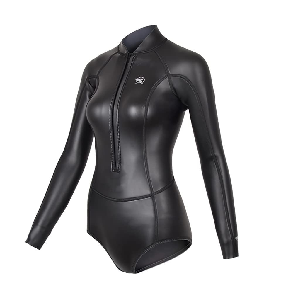 Womens Wetsuit 2mm Smooth-Skin Neoprene Wetsuit Black with Front Zipper Springs Bottom One-Piece Long Sleeve Swimsuits for Women Diving Surfing Snorkeling