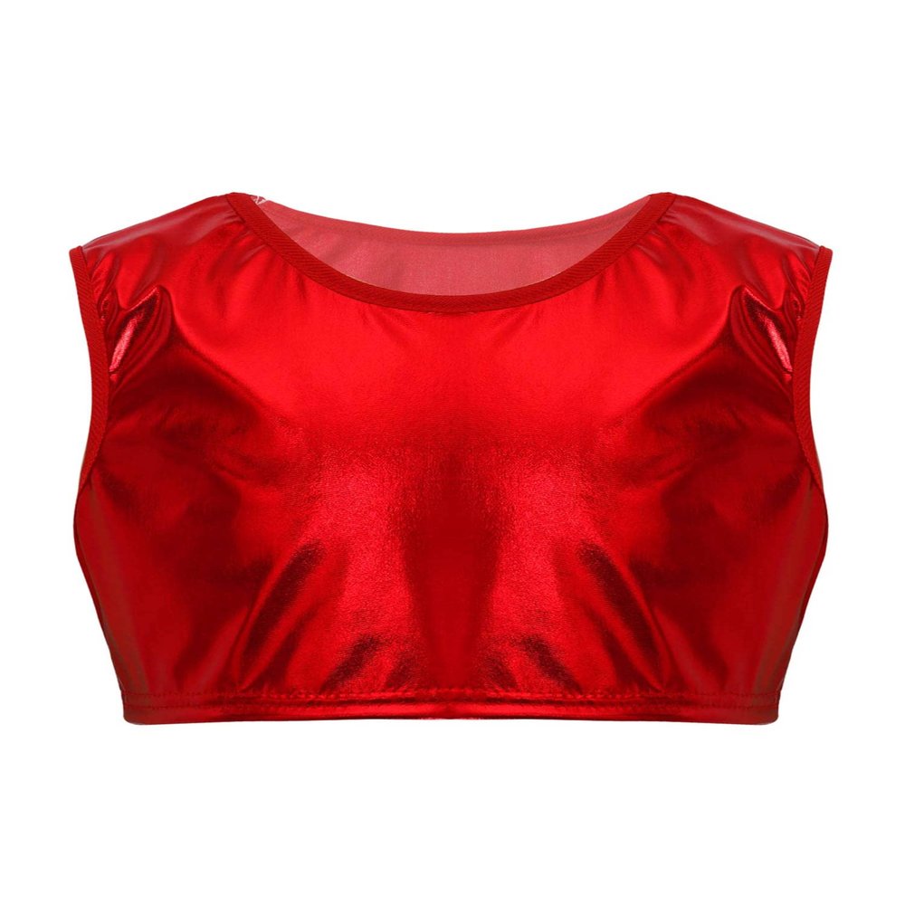 Aislor Kids Big Girls Shiny Metallic Crop Tank Tops Racer Back Dance Athletic Sports Bra z07Red* 12-14 Years