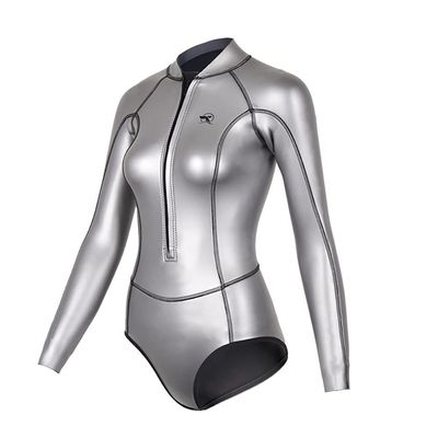 Womens Wetsuit 2mm Smooth-Skin Neoprene Wetsuit Silver with Front Zipper Springs Bottom One-Piece Long Sleeve Swimsuits for Women Diving Surfing Snorkeling