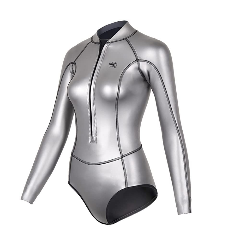 Womens Wetsuit 2mm Smooth-Skin Neoprene Wetsuit Silver with Front Zipper Springs Bottom One-Piece Long Sleeve Swimsuits for Women Diving Surfing Snorkeling