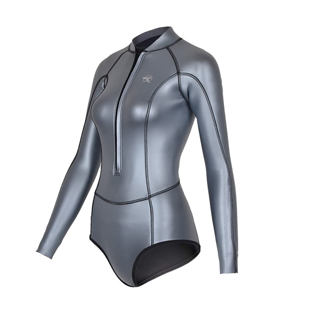 Womens Wetsuit 2mm Smooth-Skin Neoprene Wetsuit Silver Grey with Front Zipper Springs Bottom One-Piece Long Sleeve Swimsuits for Women Diving Surfing Snorkeling