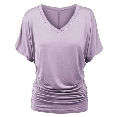 Women Fold Hem Loose Top Plus Size Batwing Sleeve T-Shirt Fashion Solid V-Neck Boat Neck Dolman Top with Side Shirring Purple