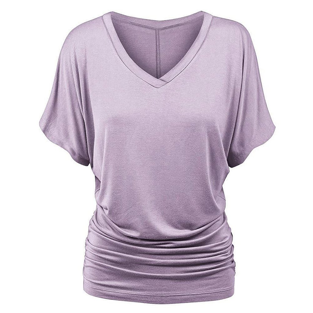 Women Fold Hem Loose Top Plus Size Batwing Sleeve T-Shirt Fashion Solid V-Neck Boat Neck Dolman Top with Side Shirring Purple