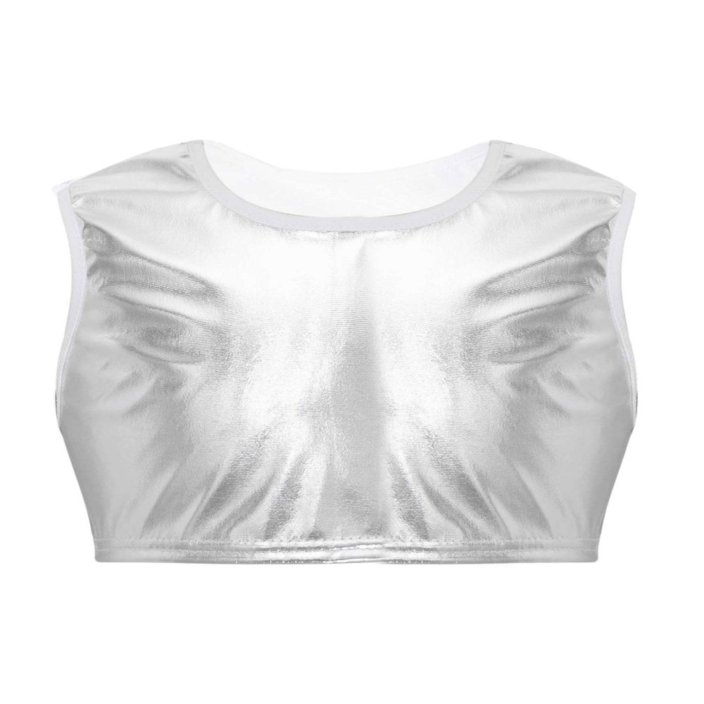 easyforever Girls Shiny Metallic Gymnastics Crop Tops Dancewear Kids Ballet Dance Leotards Tank Tops Bra Activewear Xx*Silver 8-10 Years