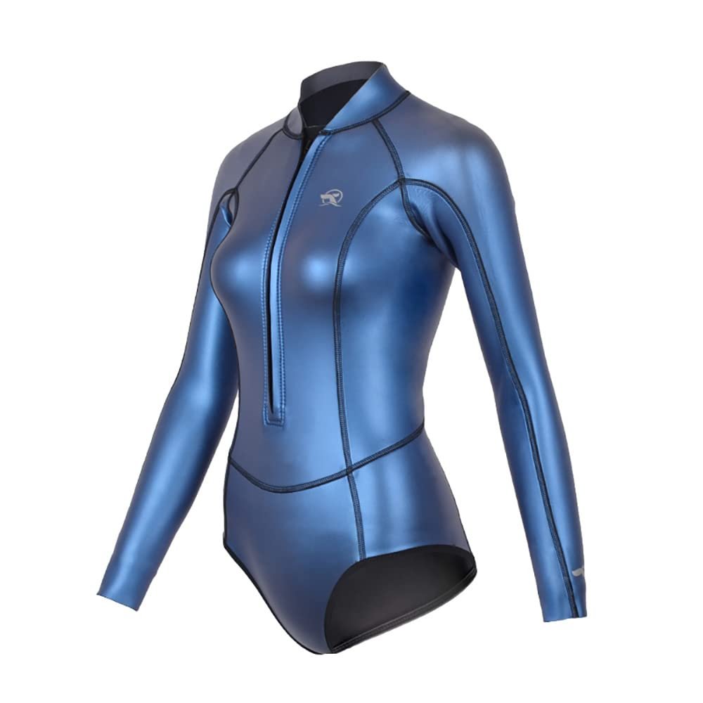 Womens Wetsuit 2mm Smooth-Skin Neoprene Wetsuit Blue with Front Zipper Springs Bottom One-Piece Long Sleeve Swimsuits for Women Diving Surfing Snorkeling