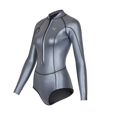 Womens Wetsuit 2mm Smooth-Skin Neoprene Wetsuit Silver Grey with Front Zipper Springs Bottom One-Piece Long Sleeve Swimsuits for Women Diving Surfing Snorkeling