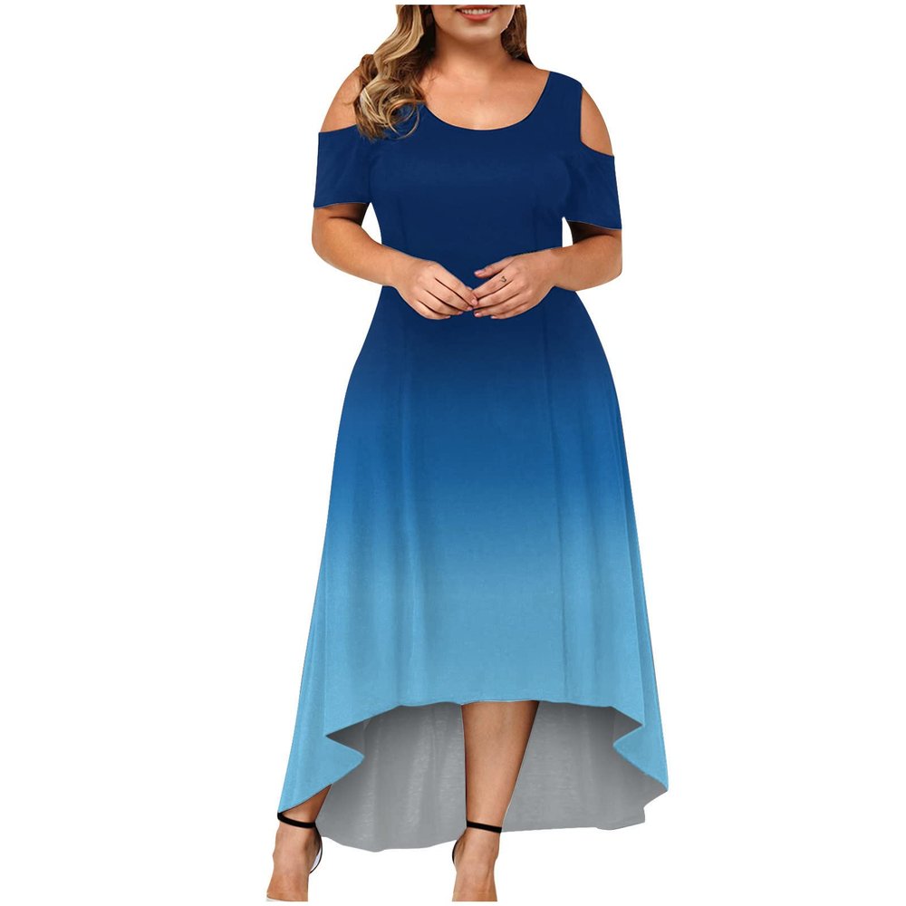 LFEOOST Cold Shoulder Dress for Women Plus Size Summer Casual Short Sleeve Crew Neck High Low Hem Solid Gradient Maxi Dresses