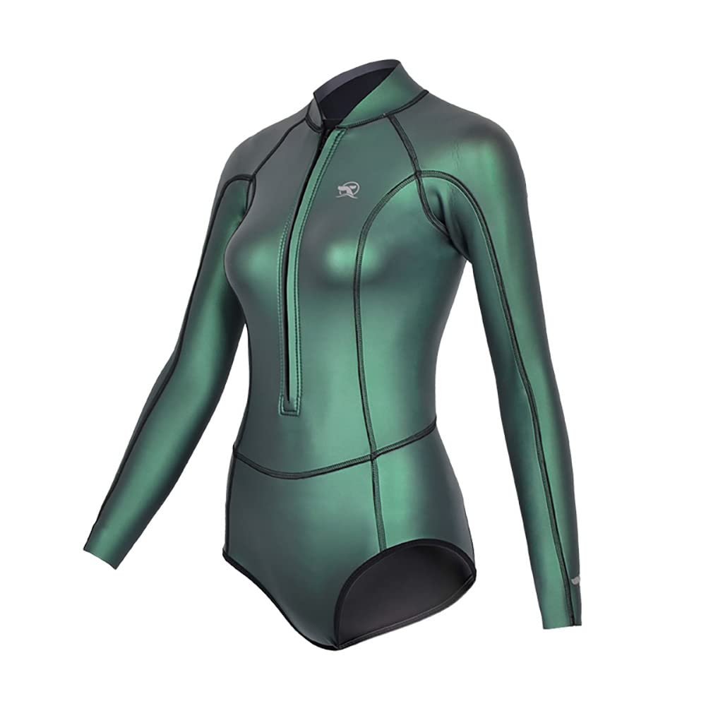 Womens Wetsuit 2mm Smooth-Skin Neoprene Wetsuit Green with Front Zipper Springs Bottom One-Piece Long Sleeve Swimsuits for Women Diving Surfing Snorkeling