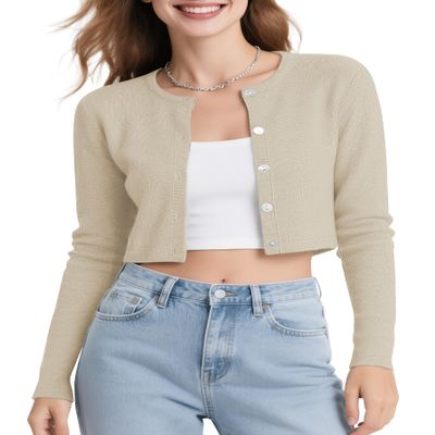 Urban CoCo Women's Long Sleeve Button Up Cropped Cardigan Sweaters for Women Crew Neck Short Bolero Shrug for Dresses Apricot