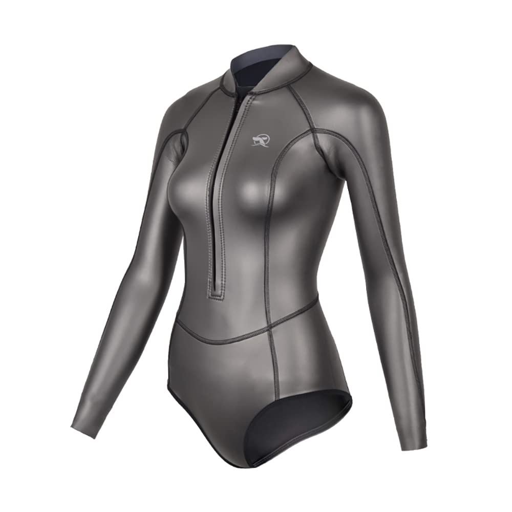 Womens Wetsuit 2mm Smooth-Skin Neoprene Wetsuit Dark Grey with Front Zipper Springs Bottom One-Piece Long Sleeve Swimsuits for Women Diving Surfing Snorkeling