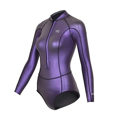 Womens Wetsuit 2mm Smooth-Skin Neoprene Wetsuit Purple with Front Zipper Springs Bottom One-Piece Long Sleeve Swimsuits for Women Diving Surfing Snorkeling