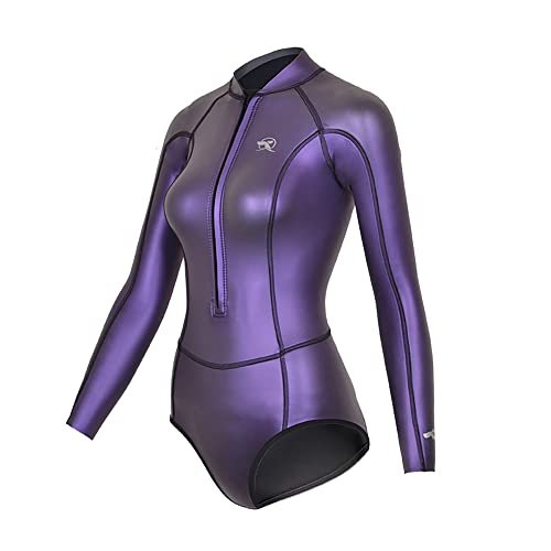 Womens Wetsuit 2mm Smooth-Skin Neoprene Wetsuit Purple with Front Zipper Springs Bottom One-Piece Long Sleeve Swimsuits for Women Diving Surfing Snorkeling