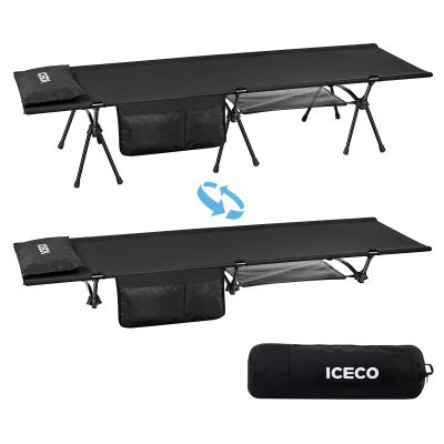 ICECO Camping Cot for Adults, Height Adjustable with Cot Leg Extenders, Strong Support 330lbs, 900D Oxford Fabric, Ultralight Comfortable, Sleeping Bed for Camping, Hiking, Beach, Home (L-Black)