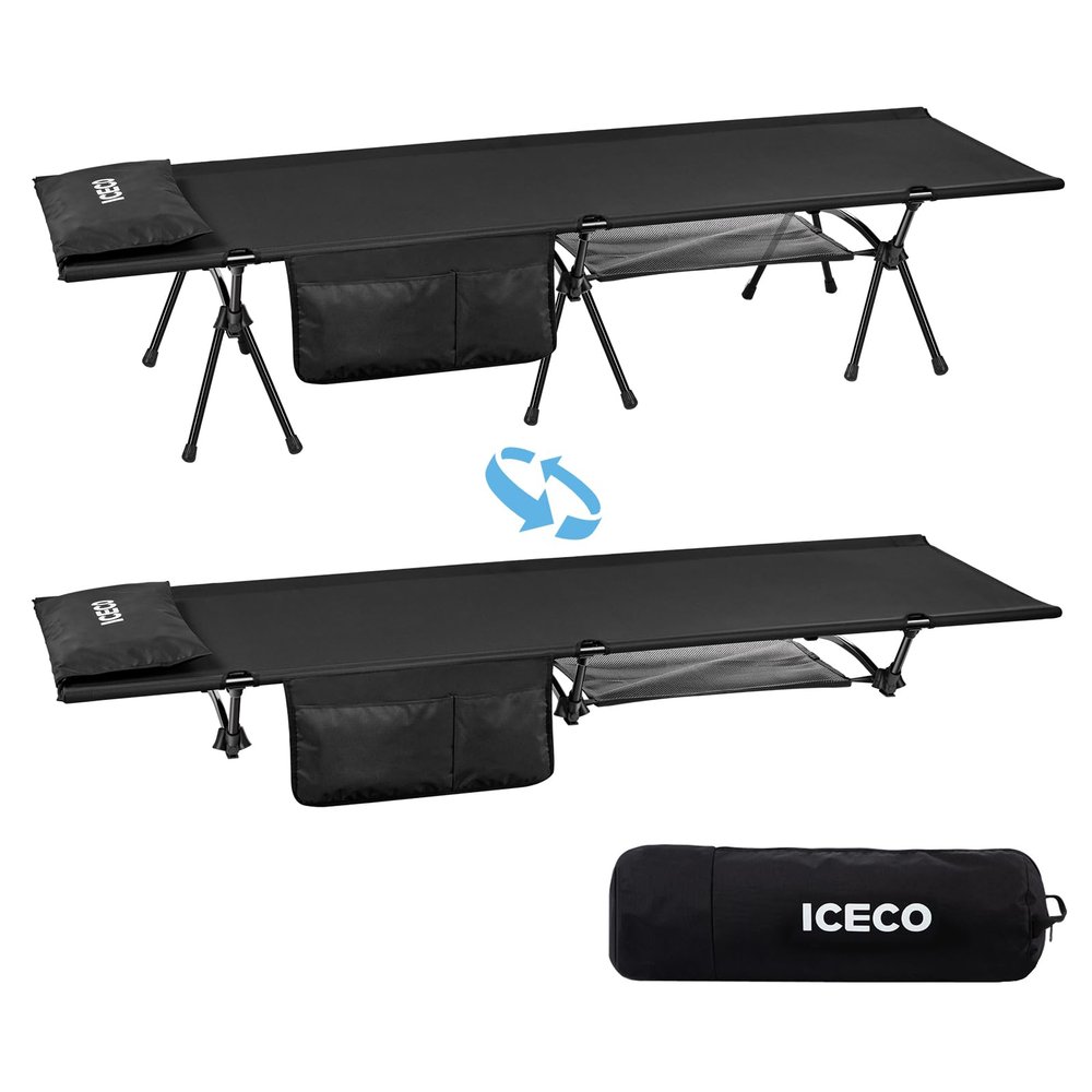 ICECO Camping Cot for Adults, Height Adjustable with Cot Leg Extenders, Strong Support 330lbs, 900D Oxford Fabric, Ultralight Comfortable, Sleeping Bed for Camping, Hiking, Beach, Home (L-Black)