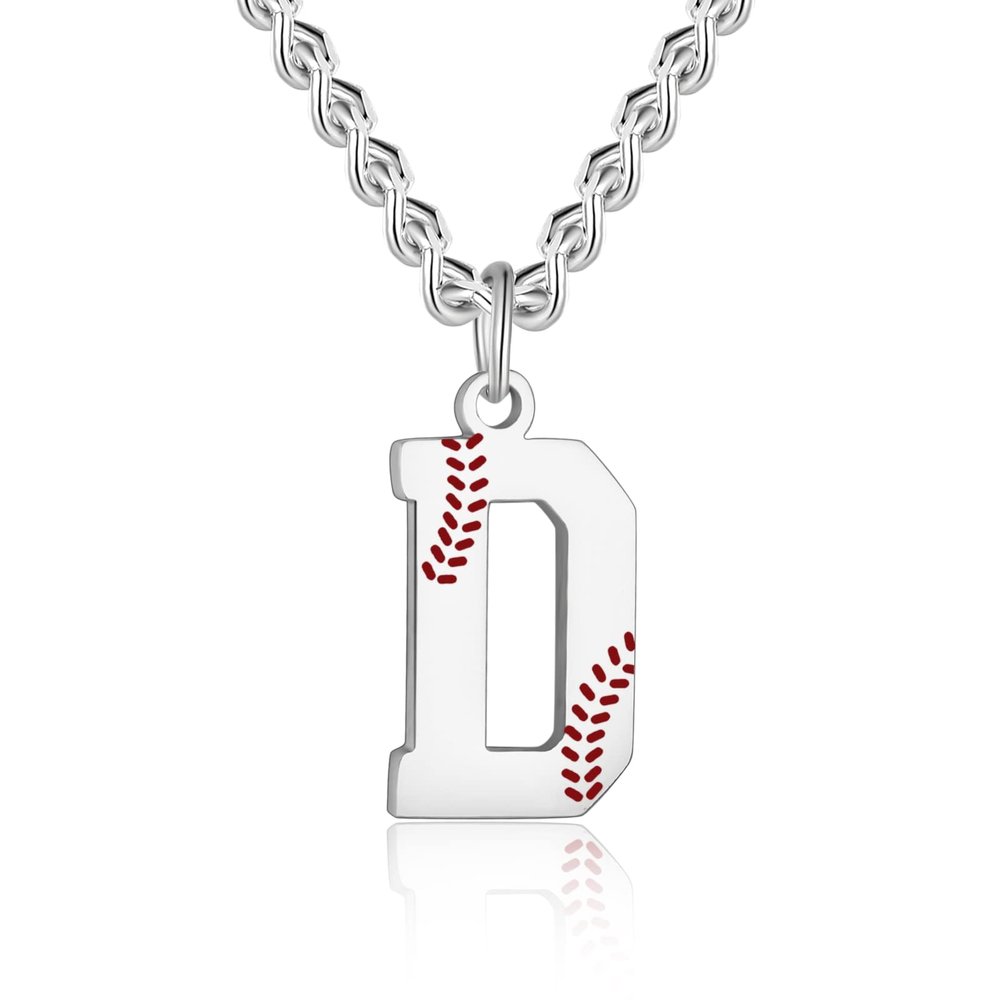 AIAINAGI Baseball Initial A-Z Letter Necklace - Men's Baseball Charm Pendant in Stainless Steel Silver Chain, 22inch Personalized Gift