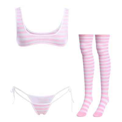 Women Cute Kawaii Lingerie set Halter Strap Micro Bra Tiny Panty Garter Belt Striped Stockings 4Pcs Underwear Swimwear Bathing Suit Pink - Wide Strap One Size