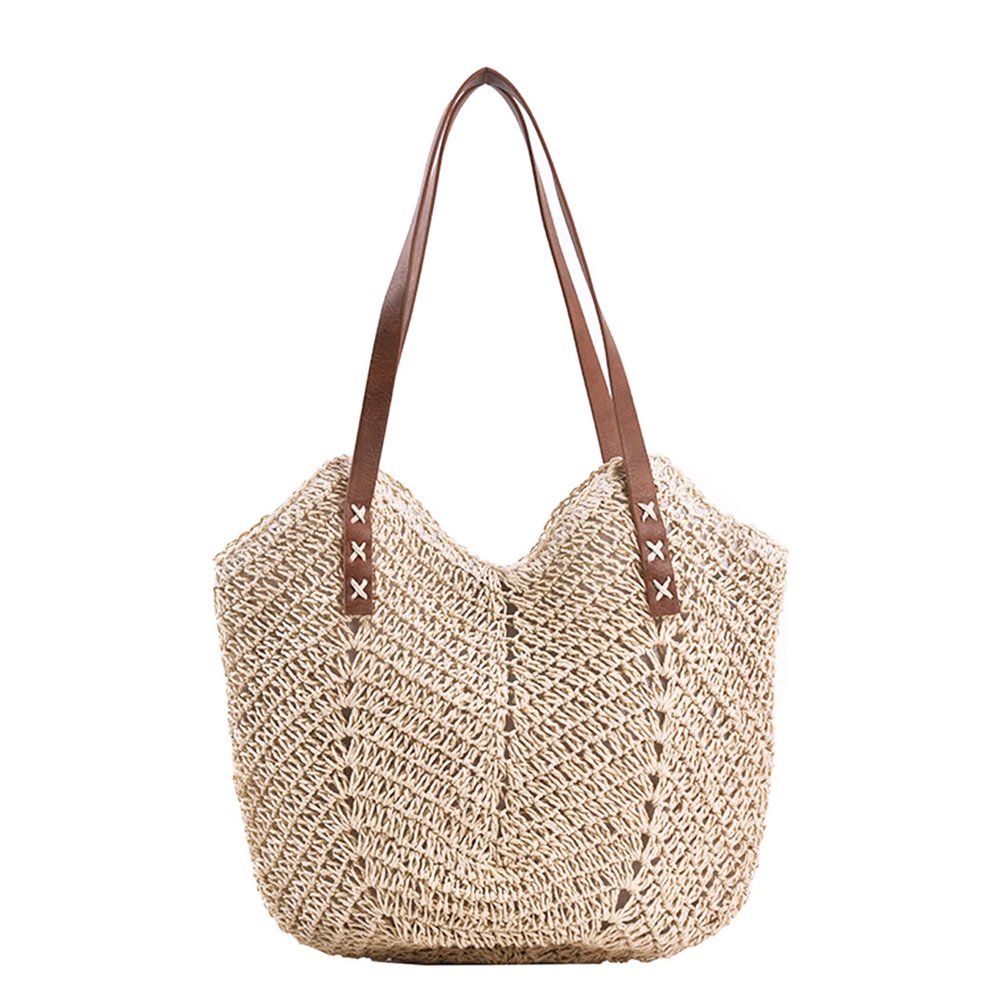 Straw Beach Bags for Women Summer Beach Tote Bag With Zipper Large Soft Woven Straw Shoulder Summer Vacation Purse