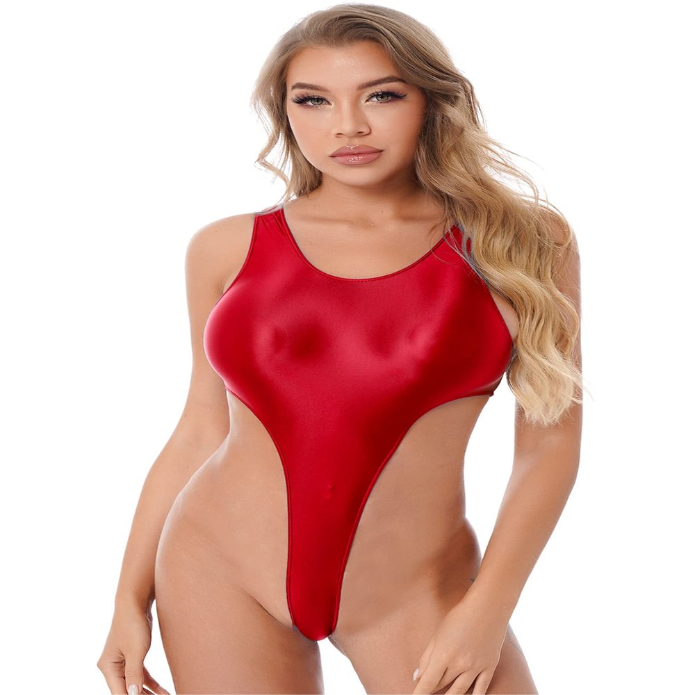 QinCiao Womens Shiny Glossy One-Piece Swimwear Bikini Swimsuit High Cut Leotard Thong Bodysuit Red Medium