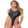 QinCiao Womens Shiny Glossy One-Piece Swimwear Bikini Swimsuit High Cut Leotard Thong Bodysuit Black Medium view 1