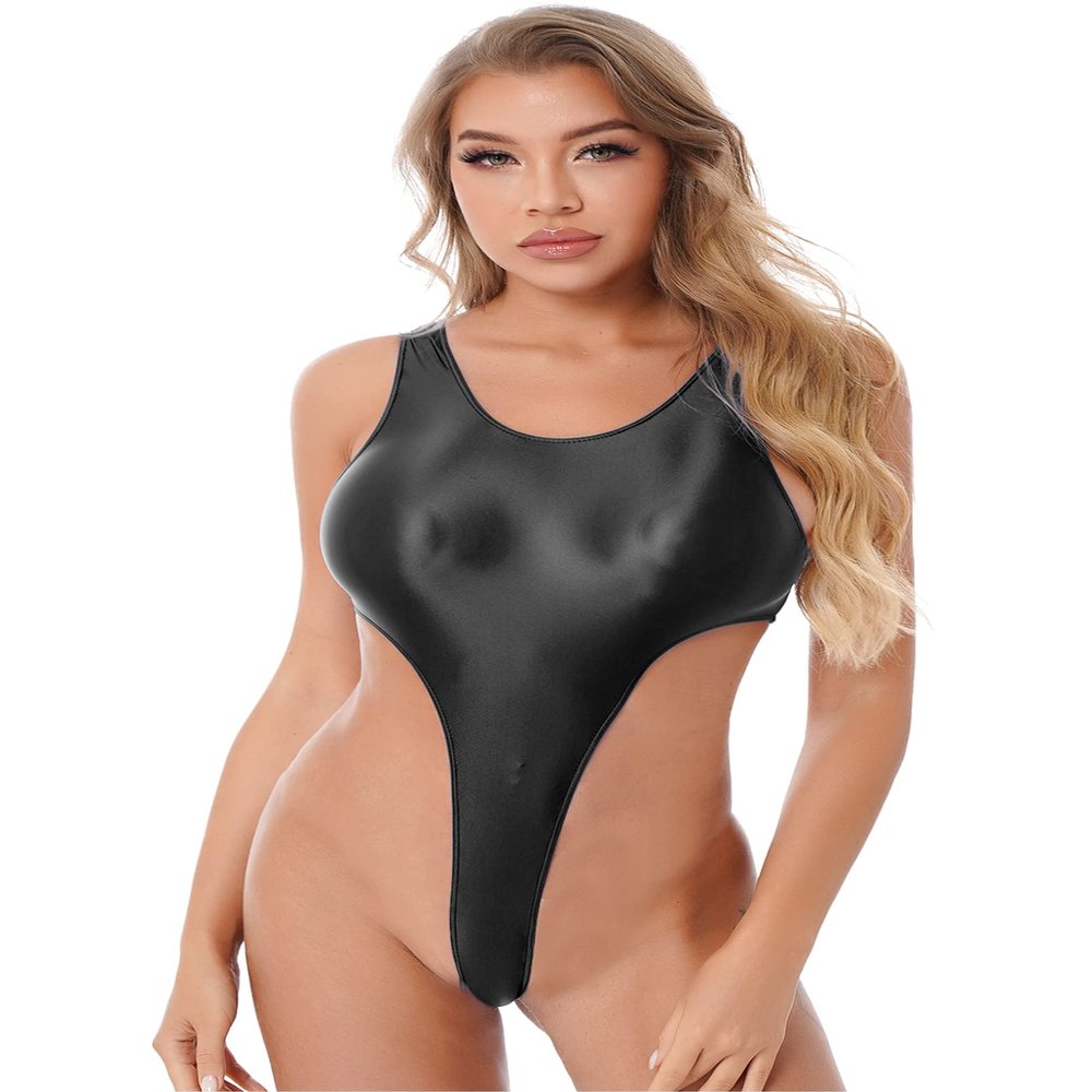 QinCiao Womens Shiny Glossy One-Piece Swimwear Bikini Swimsuit High Cut Leotard Thong Bodysuit Black Large