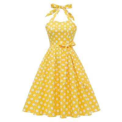 Women's Vintage Polka Audrey Dress 1950s Halter Retro Cocktail Prom Dress Rockabilly Wedding Bridesmaid Hepburn 50's 60's Party Summer Beach Photo Shoot Maxi Ball Gown Yellow-Dots L