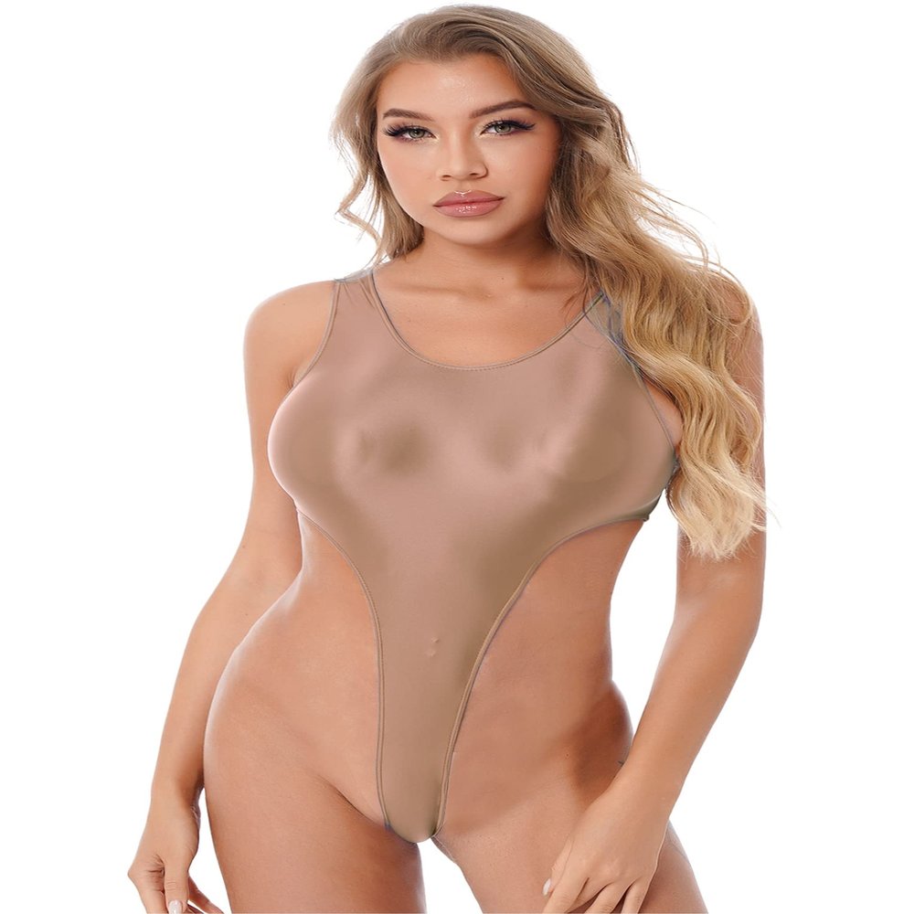 QinCiao Womens Shiny Glossy One-Piece Swimwear Bikini Swimsuit High Cut Leotard Thong Bodysuit Coffee Large