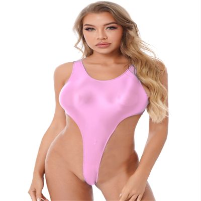 Oyolan Women Oil Glossy Swimsuit Shiny One Piece Bathing Suit Solid Color High Cut Swimwear Beachwear Pink Medium