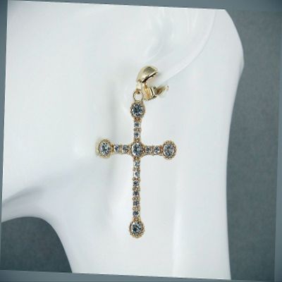 Gold Clip On Earrings Clear Crystal Cross Pendant Clips Earrings Lightweight for Women