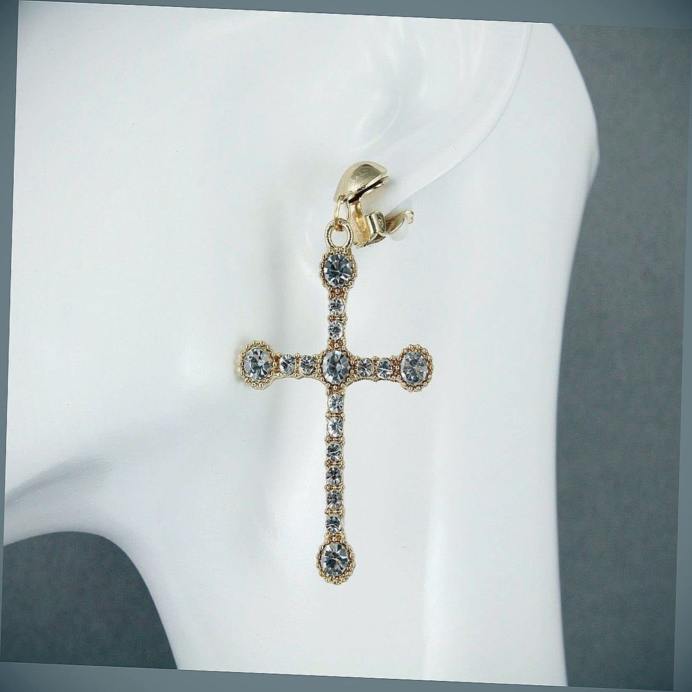 Gold Clip On Earrings Clear Crystal Cross Pendant Clips Earrings Lightweight for Women